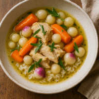 Poulet en bain d’estragon aux carottes, oignons boules et petits navets.