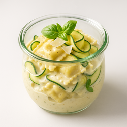 Ravioles au fromage, courgettes, sauce fromagère (VG)