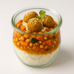 Riz basmati, tajine de légumes à l'abricot, falafels (VG)
